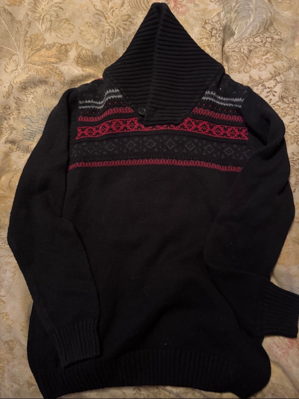 Boys Black Hooded Sweater with Red Fair Isle Detail